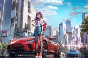 urban day anime school girl sneakers with cars 4k 1695927345