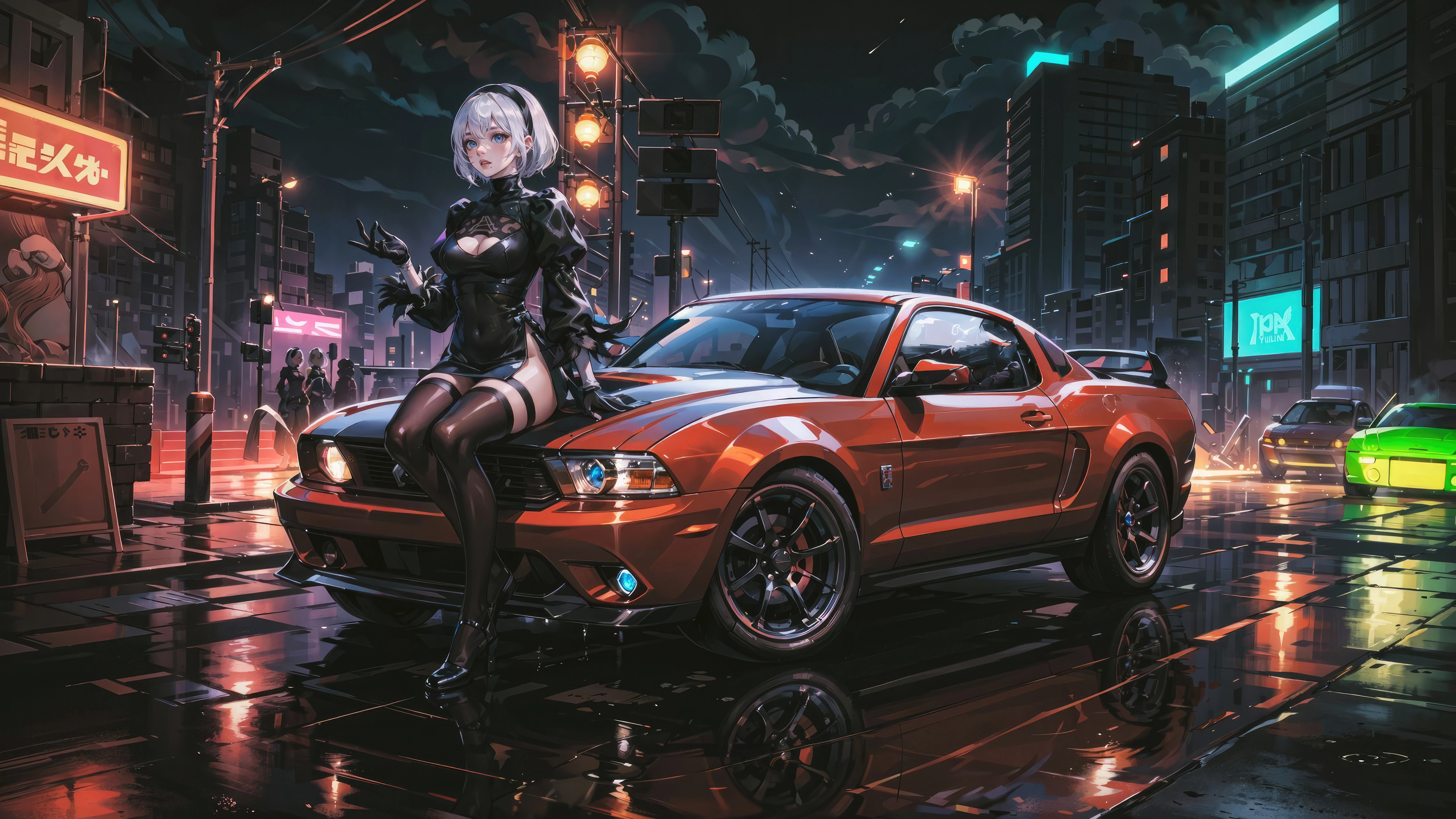 2b nier automata and her mercedes in the neon cityscape 4k 1697929730