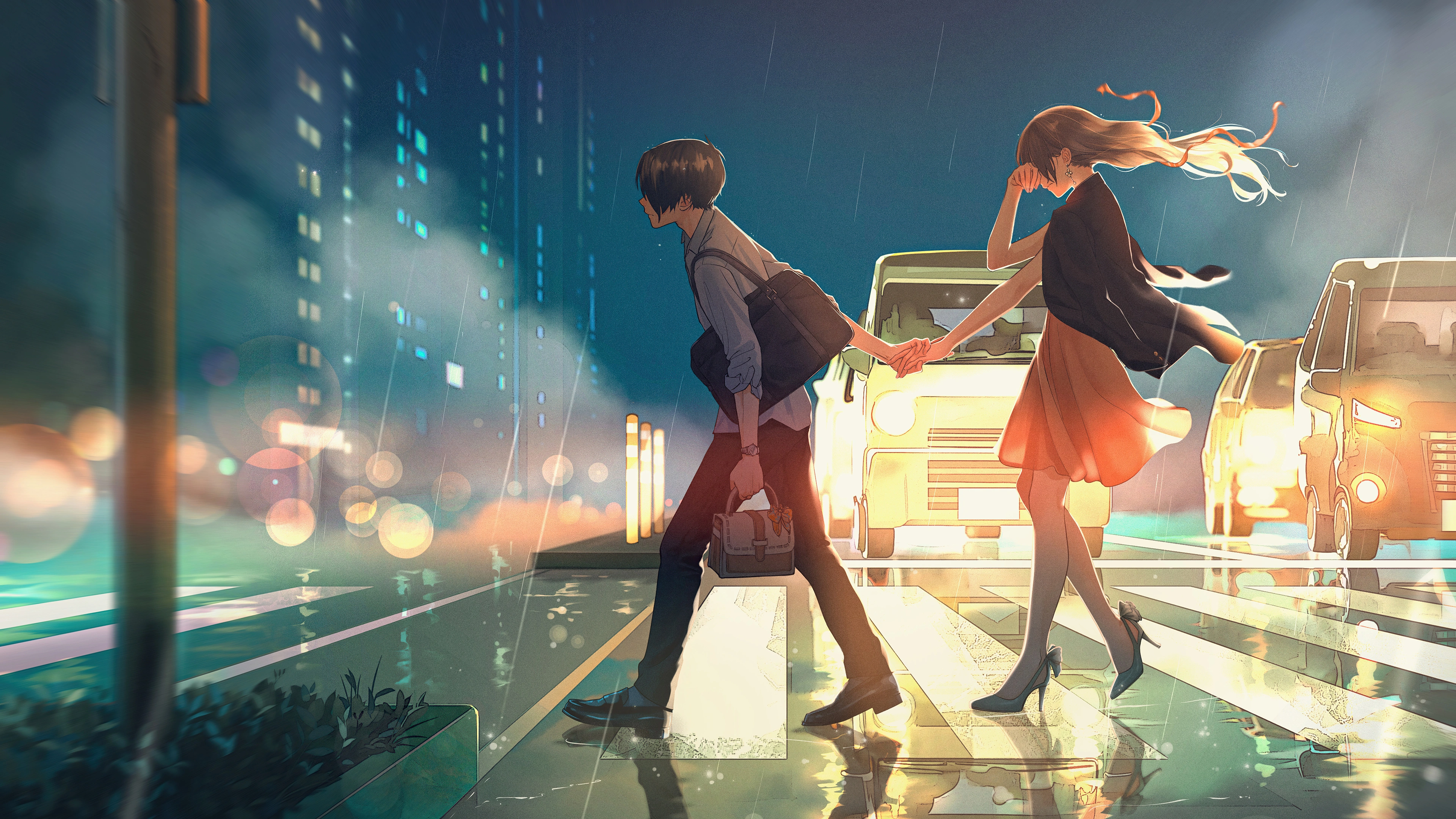 anime couple passing road 4k 1696189626