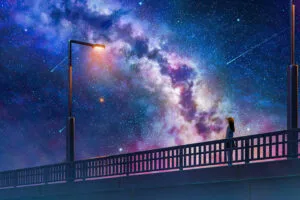 anime girl alone at bridge watching the galaxy full of stars 1696331329