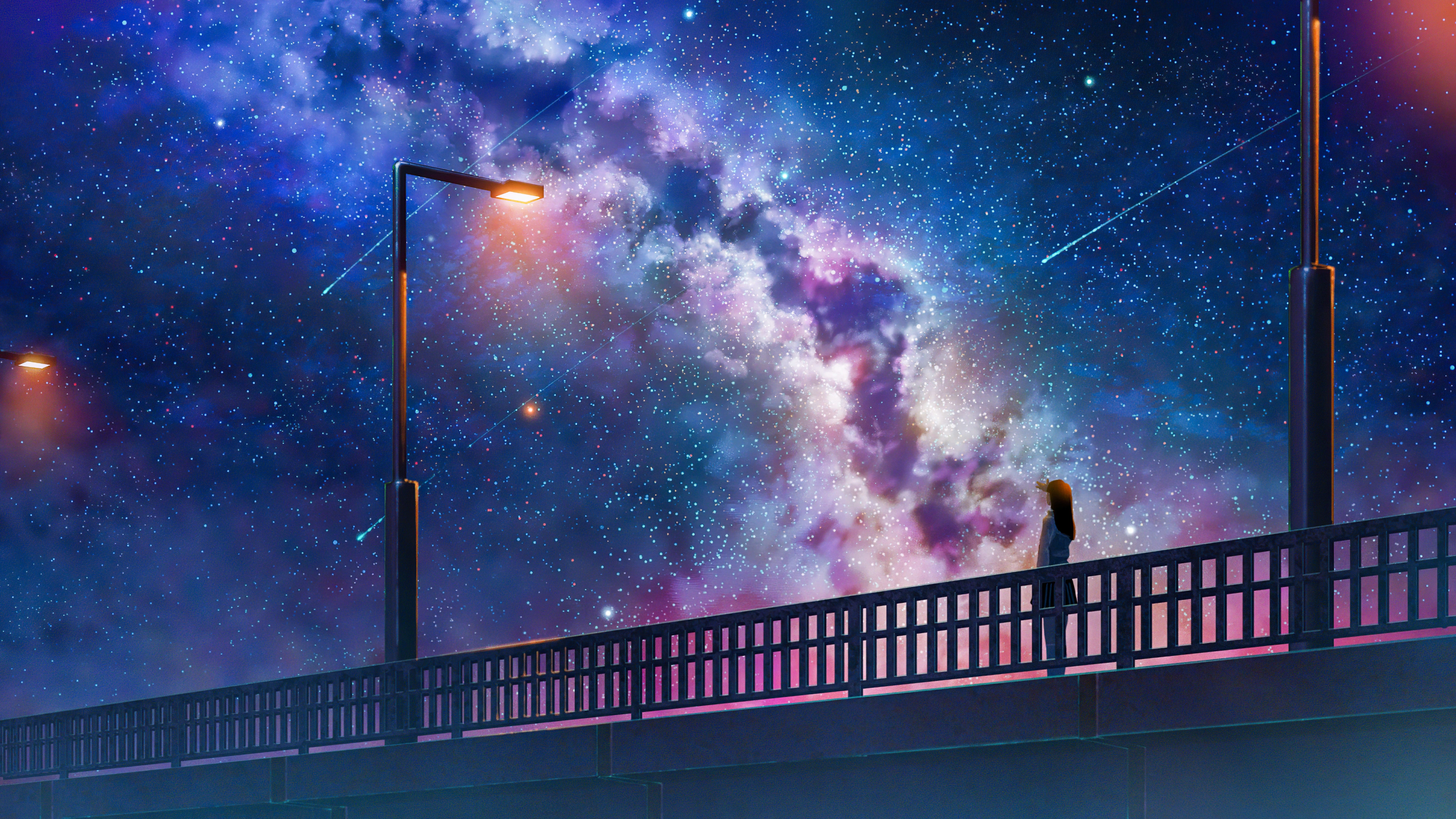 anime girl alone at bridge watching the galaxy full of stars 1696331329