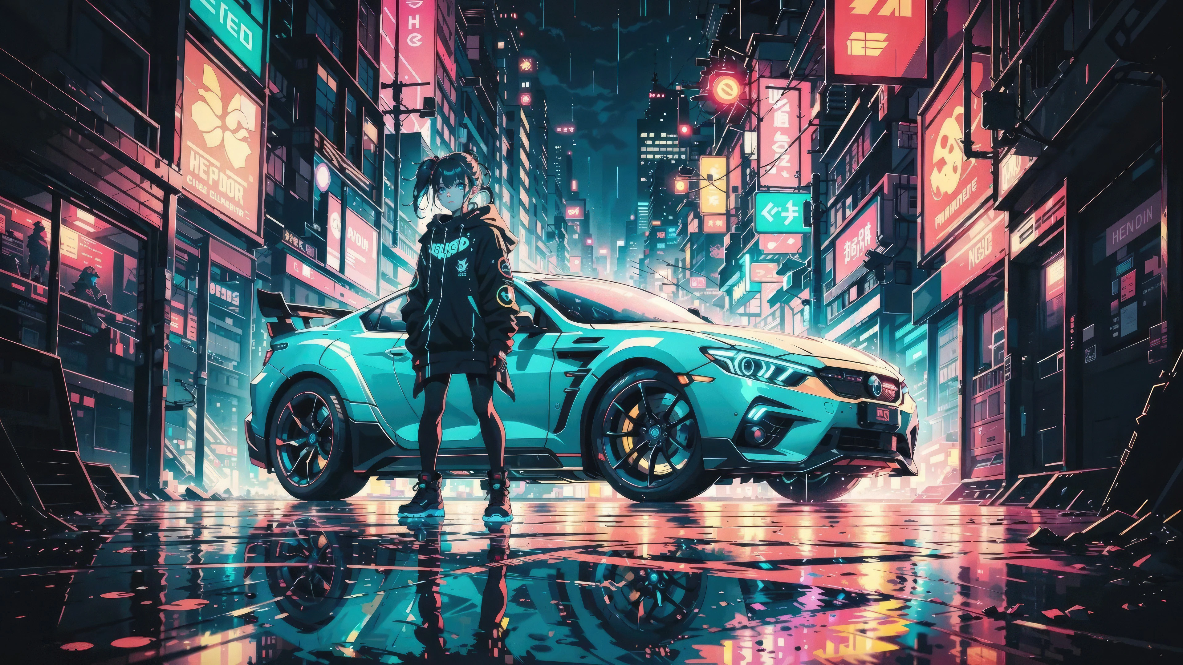 anime girl and her mercedes in the neon cityscape 4k 1697929738