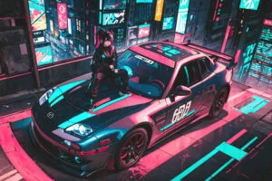 anime girl and her ride in a cyberpunk wonderland 4k 1697929730