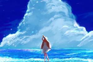 anime girl beach happy long hair clouds 1696788259