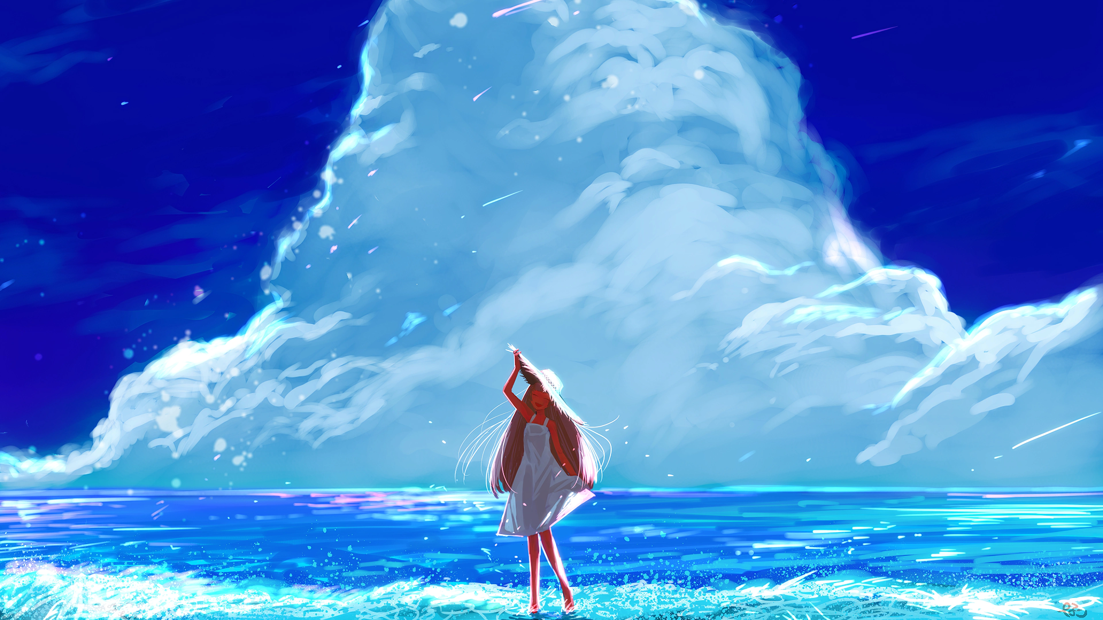anime girl beach happy long hair clouds 1696788259