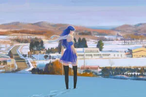 anime girl blue dress in snow 1696340534