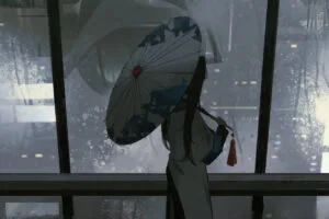 anime girl dark night umbrella raining 1696231506