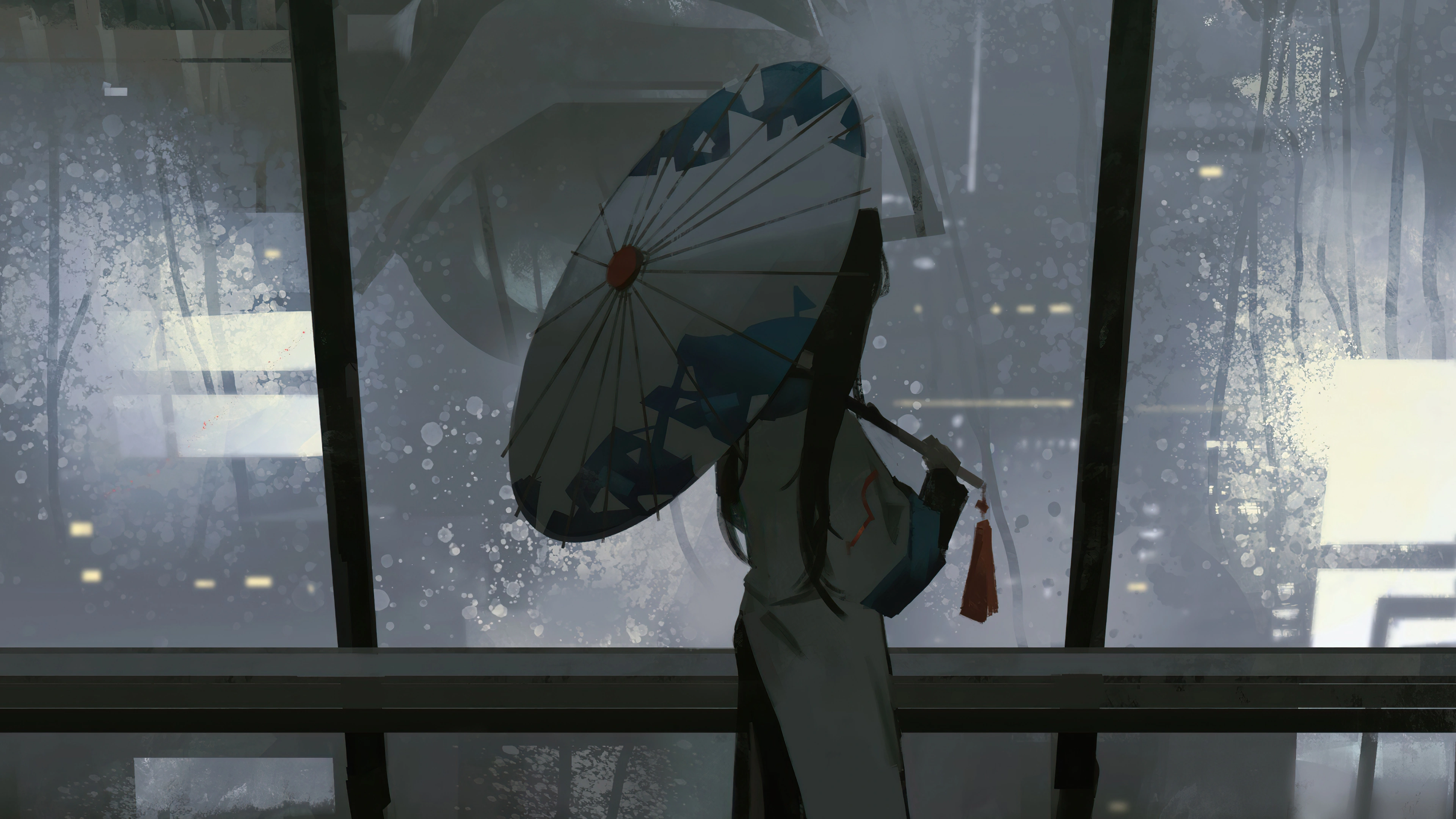 anime girl dark night umbrella raining 1696231506