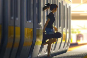 anime girl getting out of train 1696785092