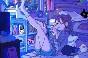 anime girl playing games in her room 4k 1696189624