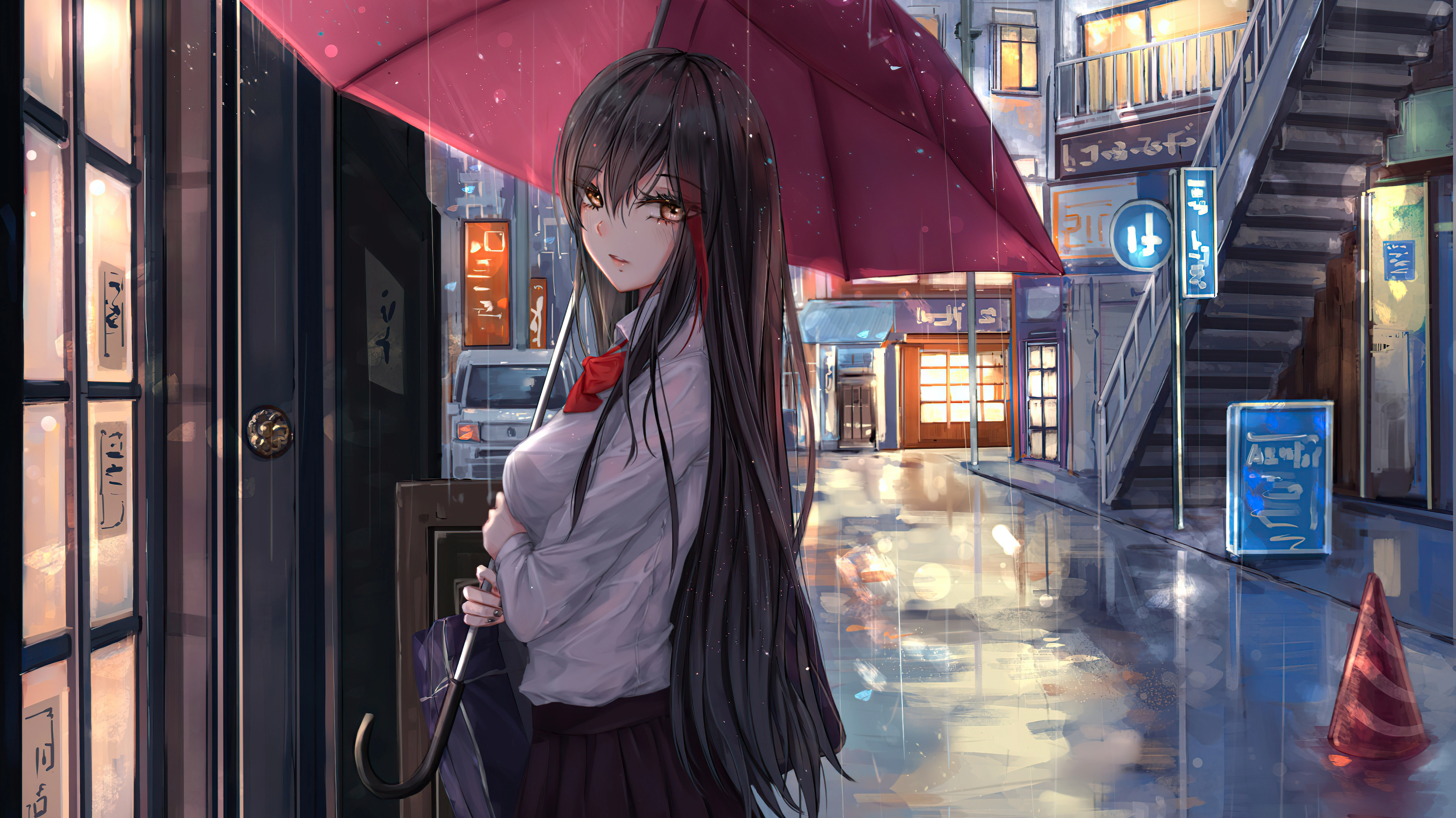 anime girl rain umbrella looking at viewer 4k 1696187630