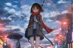 anime girl rain umbrella wind 4k 1696333831