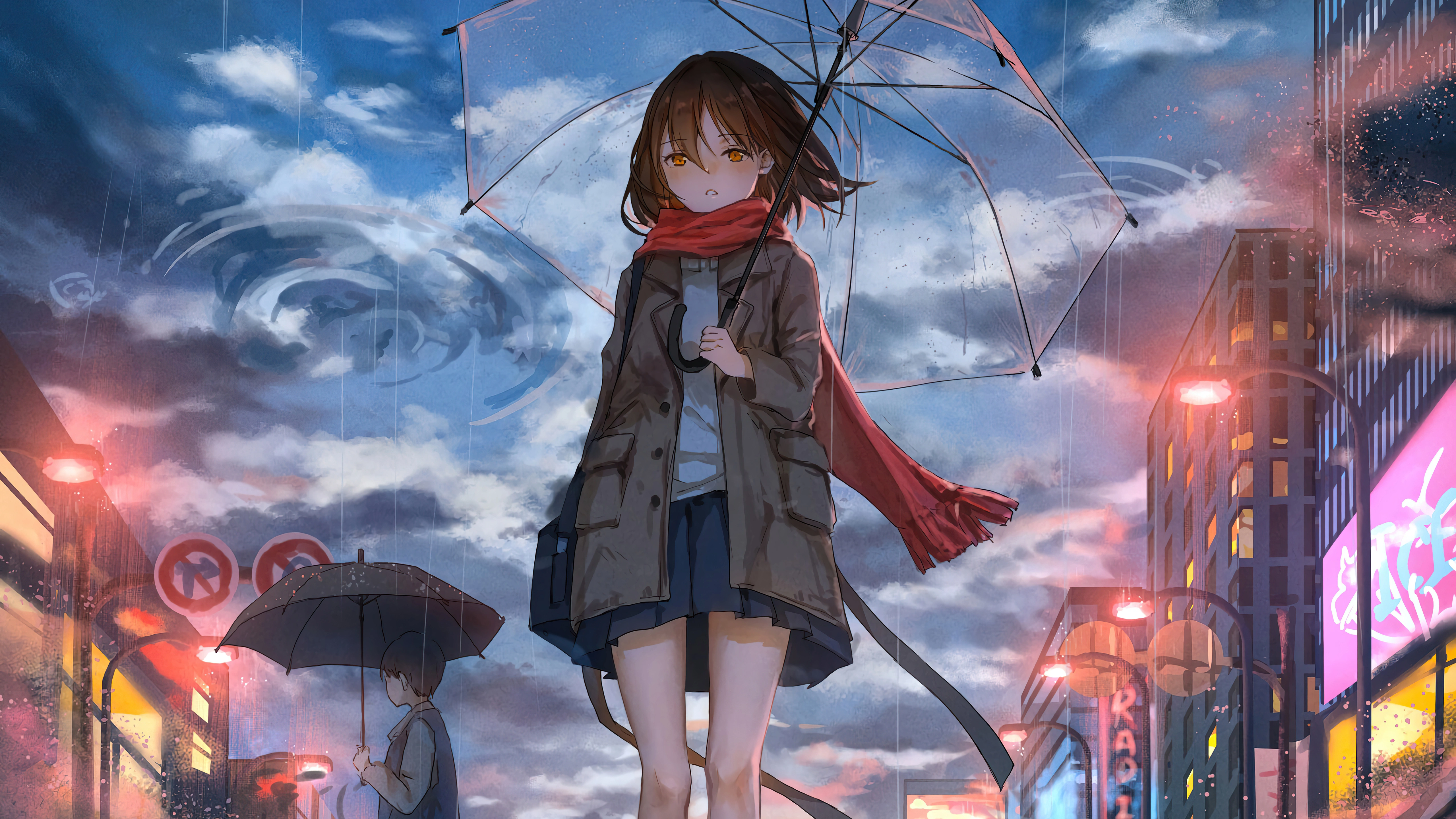 anime girl rain umbrella wind 4k 1696333831