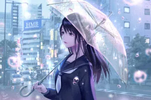 anime girl rain water drops umbrella 4k 1696350769
