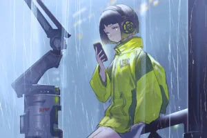 anime girl scifi umbrella rain 1696412749