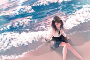 anime girl sitting waves school uniform 1696187627