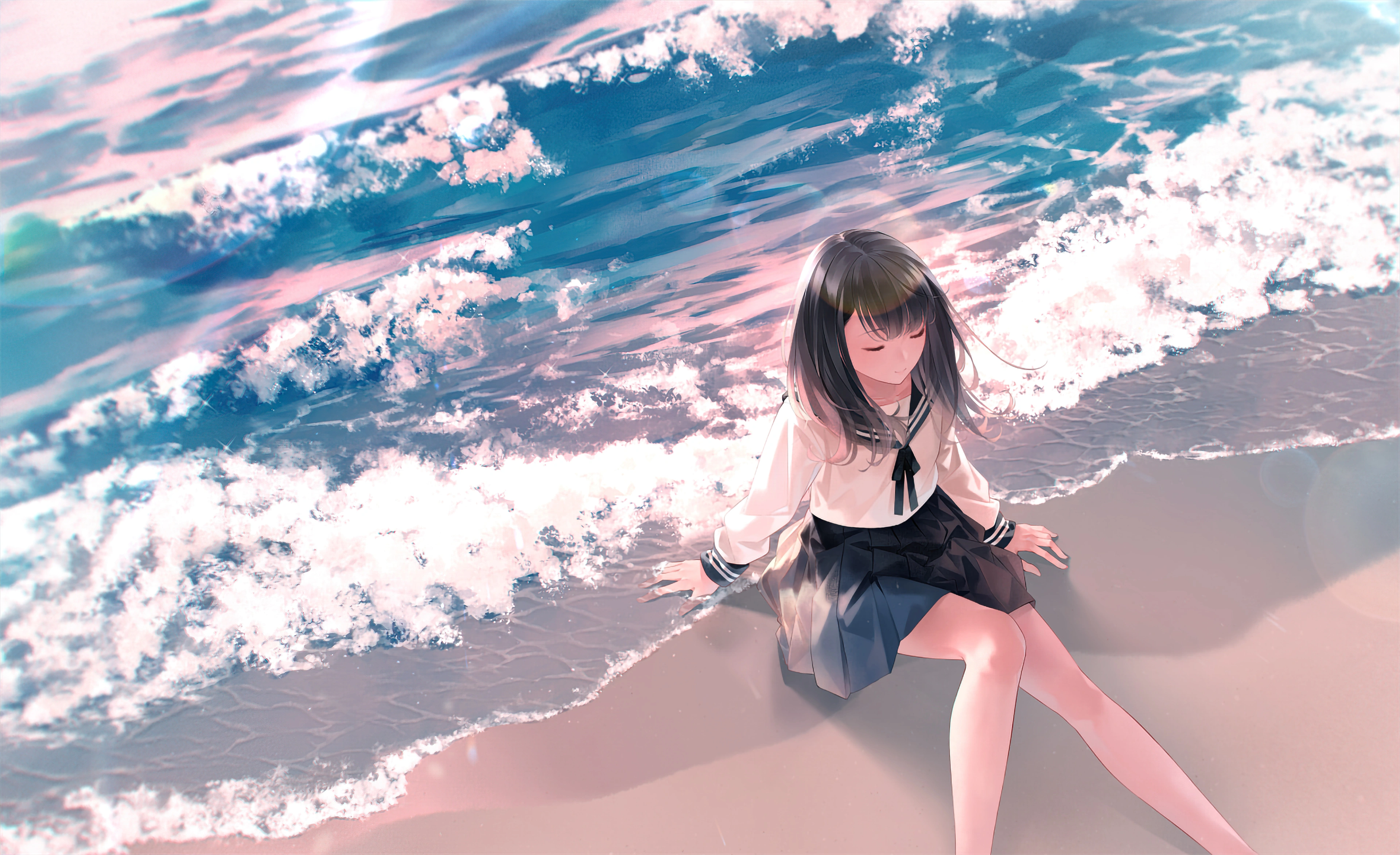 anime girl sitting waves school uniform 1696187627
