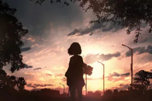 anime girl with flowers looking towards sunset 4k 1696930497