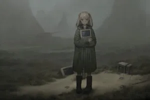 anime girl with old computer desktop walking 4k 1696340534