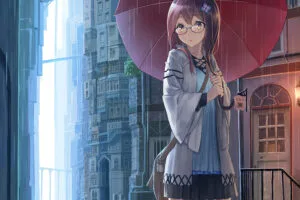 anime girl yellow eyes rain umbrella 1696778082