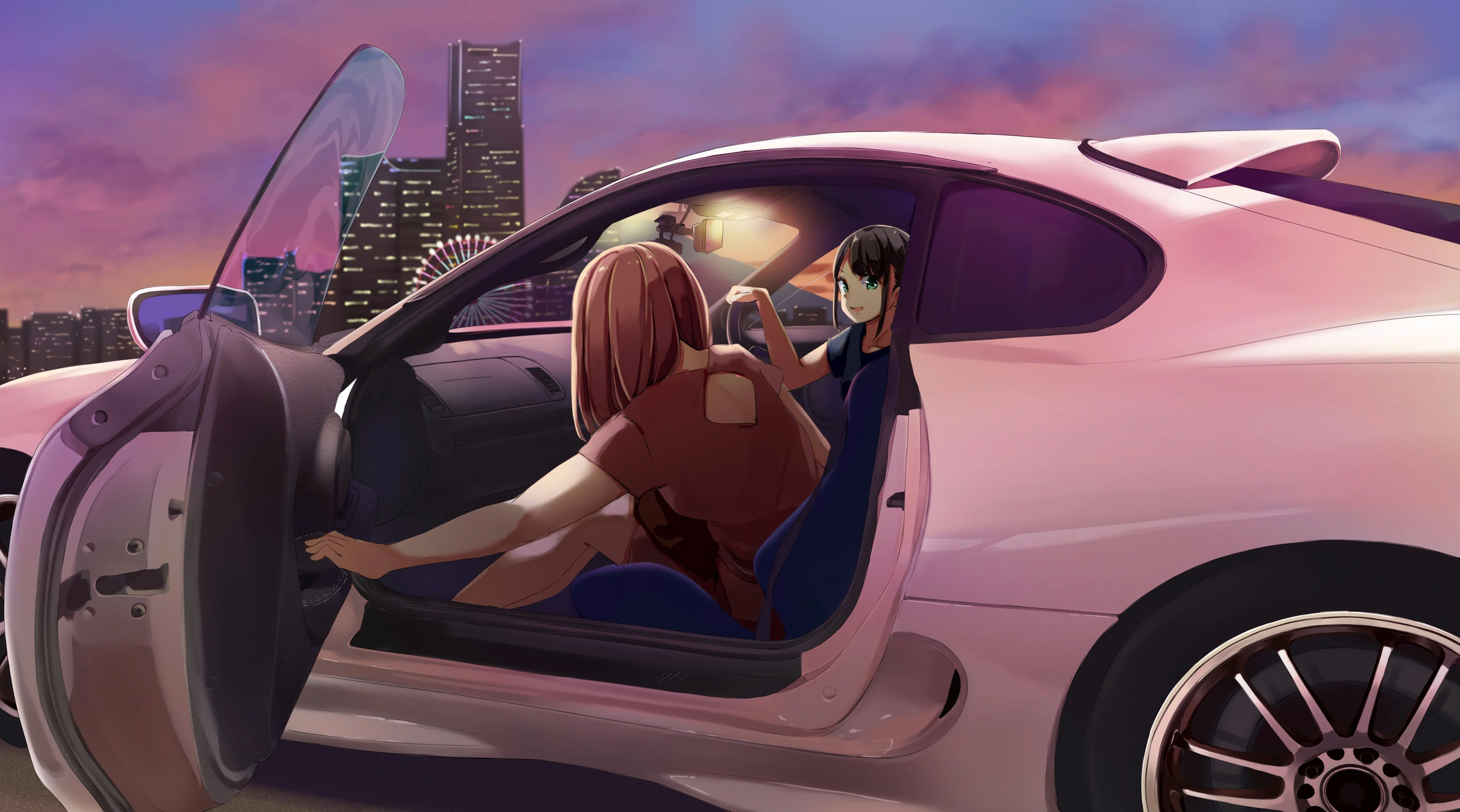 anime girls sitting in car 1696976526
