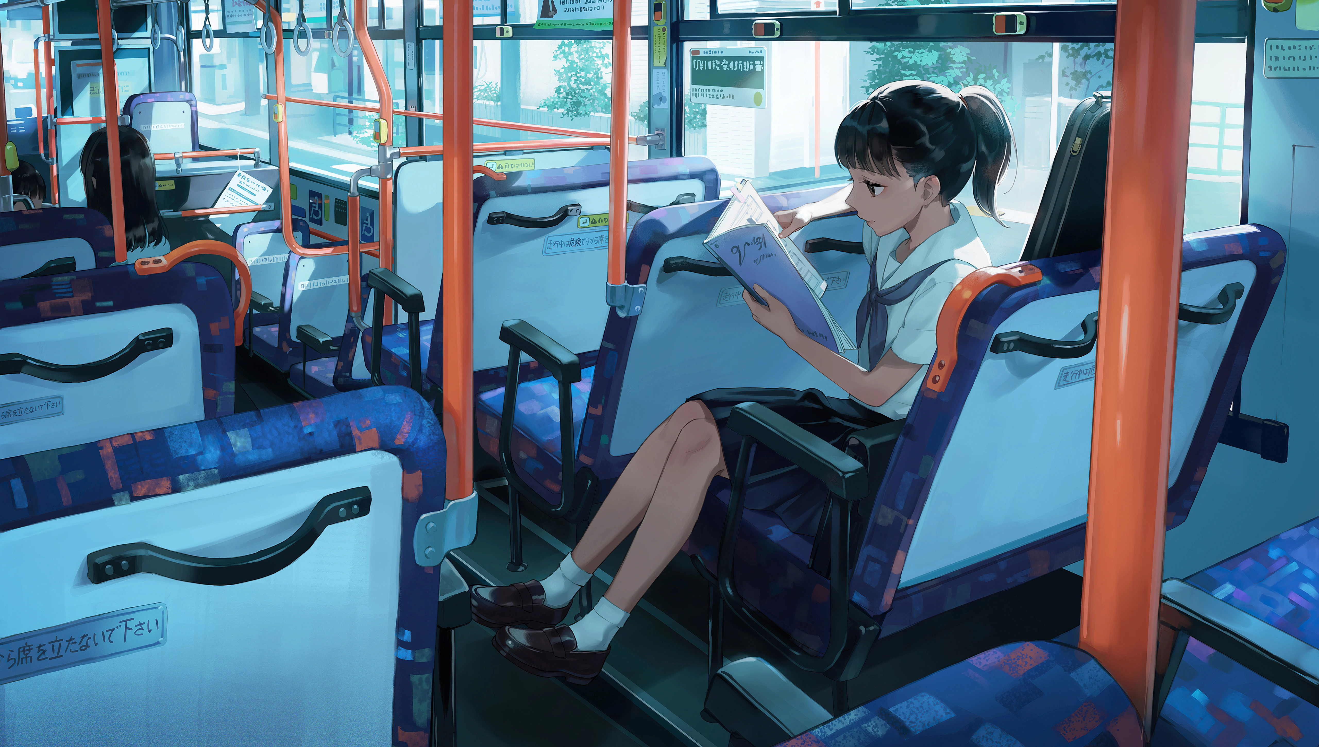 anime school girl bus reading book 4k 1696231503