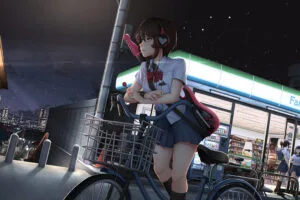 anime school girl on bicycle outside 1696331329