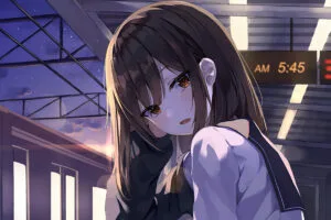anime school girl sitting in train platform 1696357666