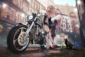 asian anime girl with bike alongside cat 4k 1696778081