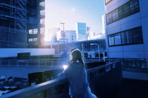 balcony traffic lights anime girl long hair 4k 1696232521