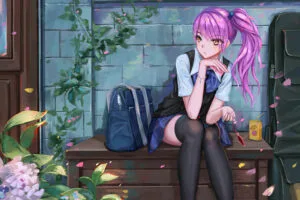 cute anime school girl pink hairs sitting on bench 4k 1696333831