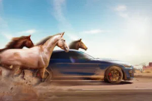 ford mustang galloping through the terrain 4k 1698226342