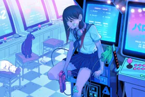 playing again anime girl retro gaming 4k 1696189818
