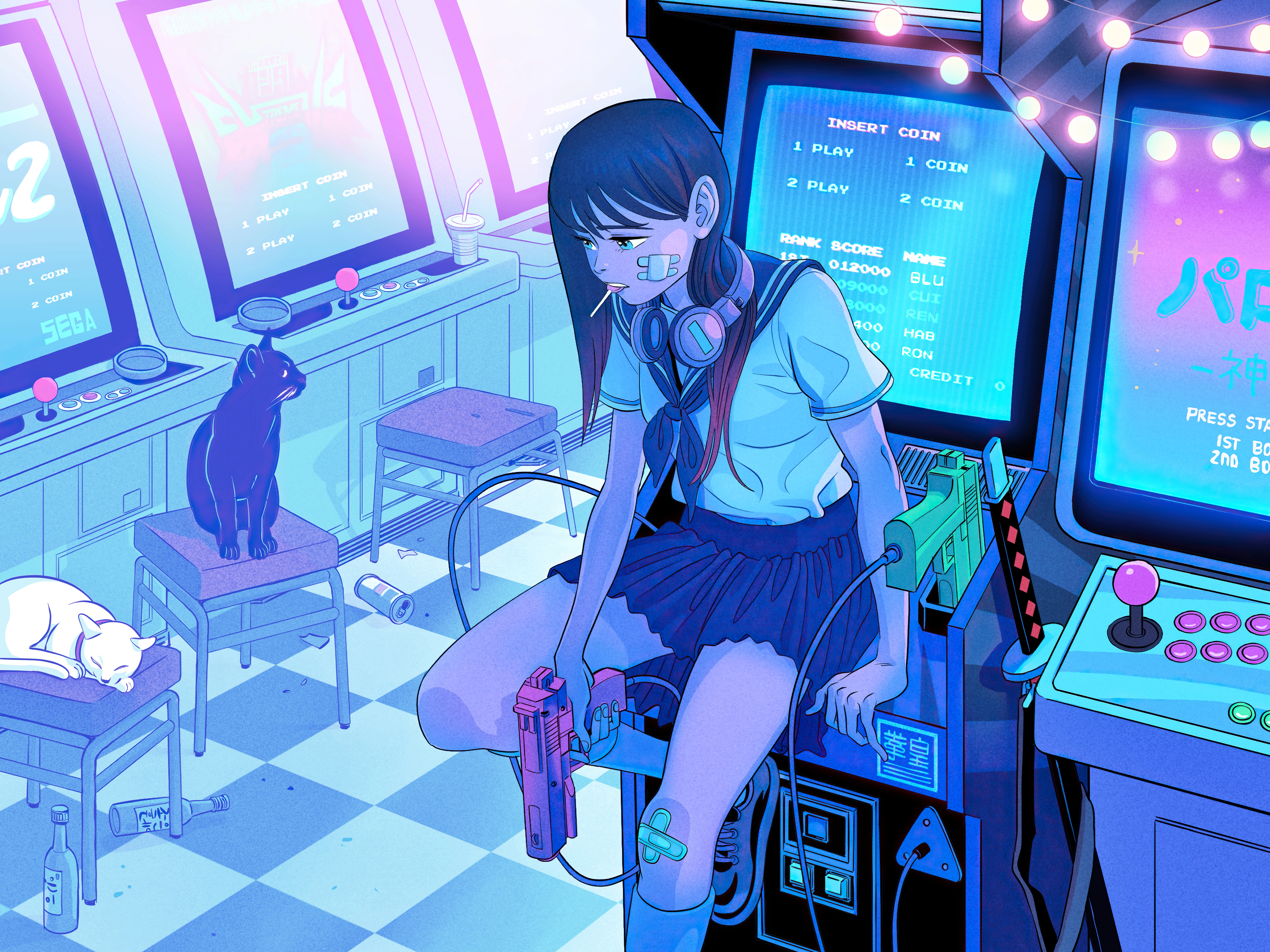 playing again anime girl retro gaming 4k 1696189818