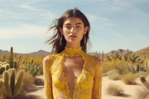 a girl standing alone in the desert wearing a vibrant yellow dress gh.jpg