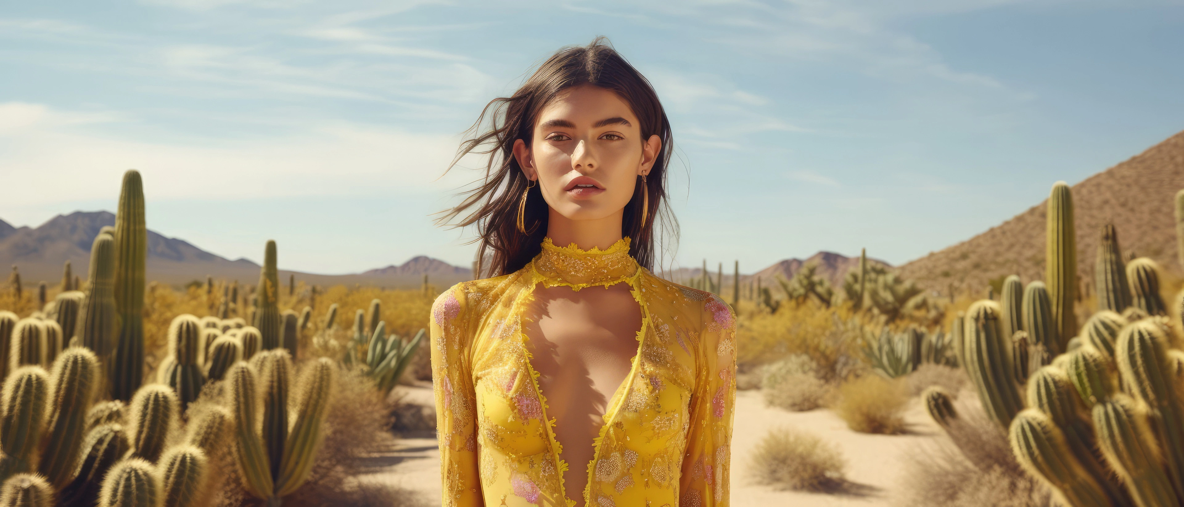 a girl standing alone in the desert wearing a vibrant yellow dress gh.jpg