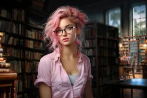 a pink haired girl with glasses in the library z6.jpg