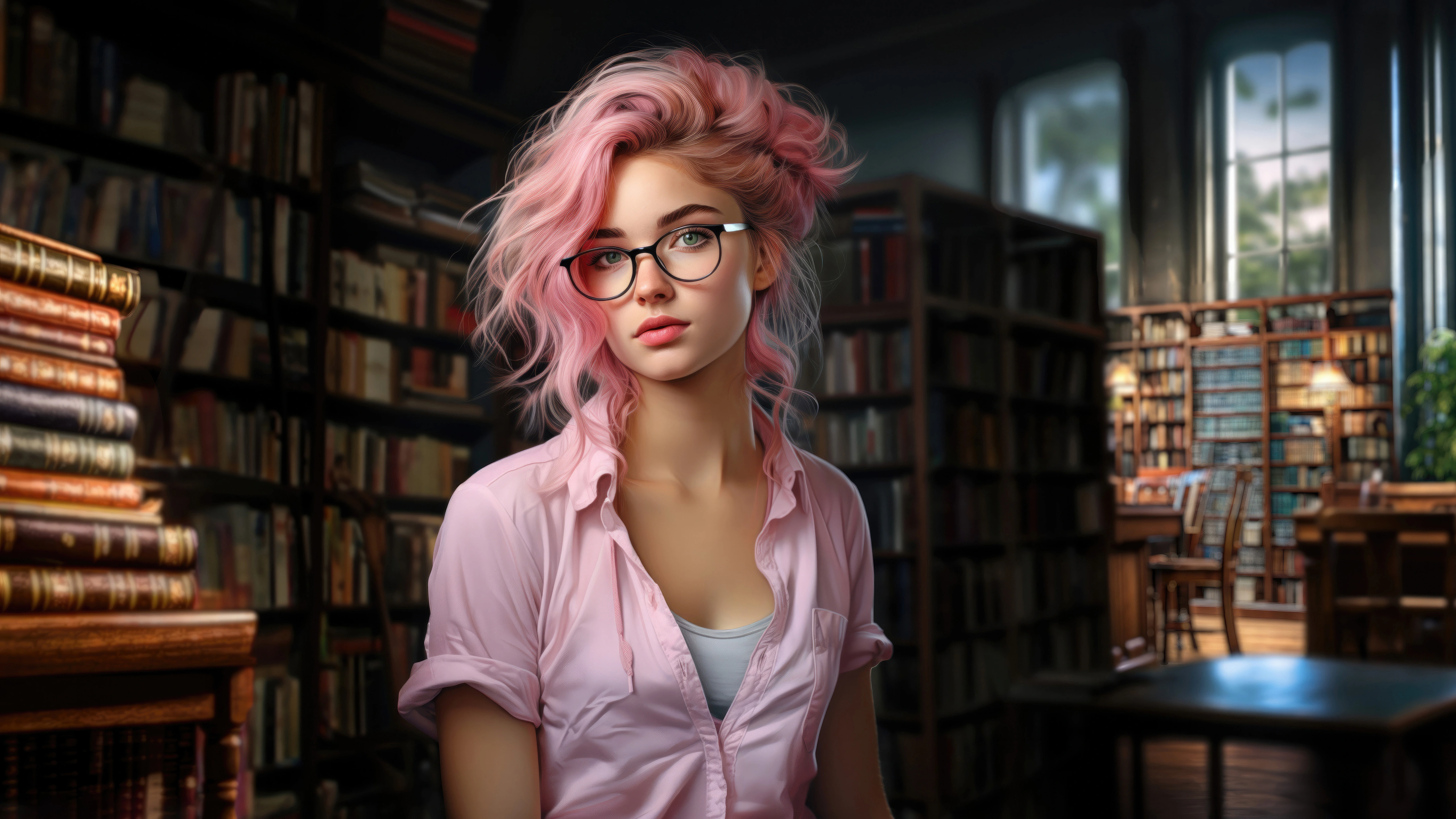 a pink haired girl with glasses in the library z6.jpg