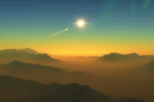 planet with high rugged mountains and a comet in the sky lh.jpg