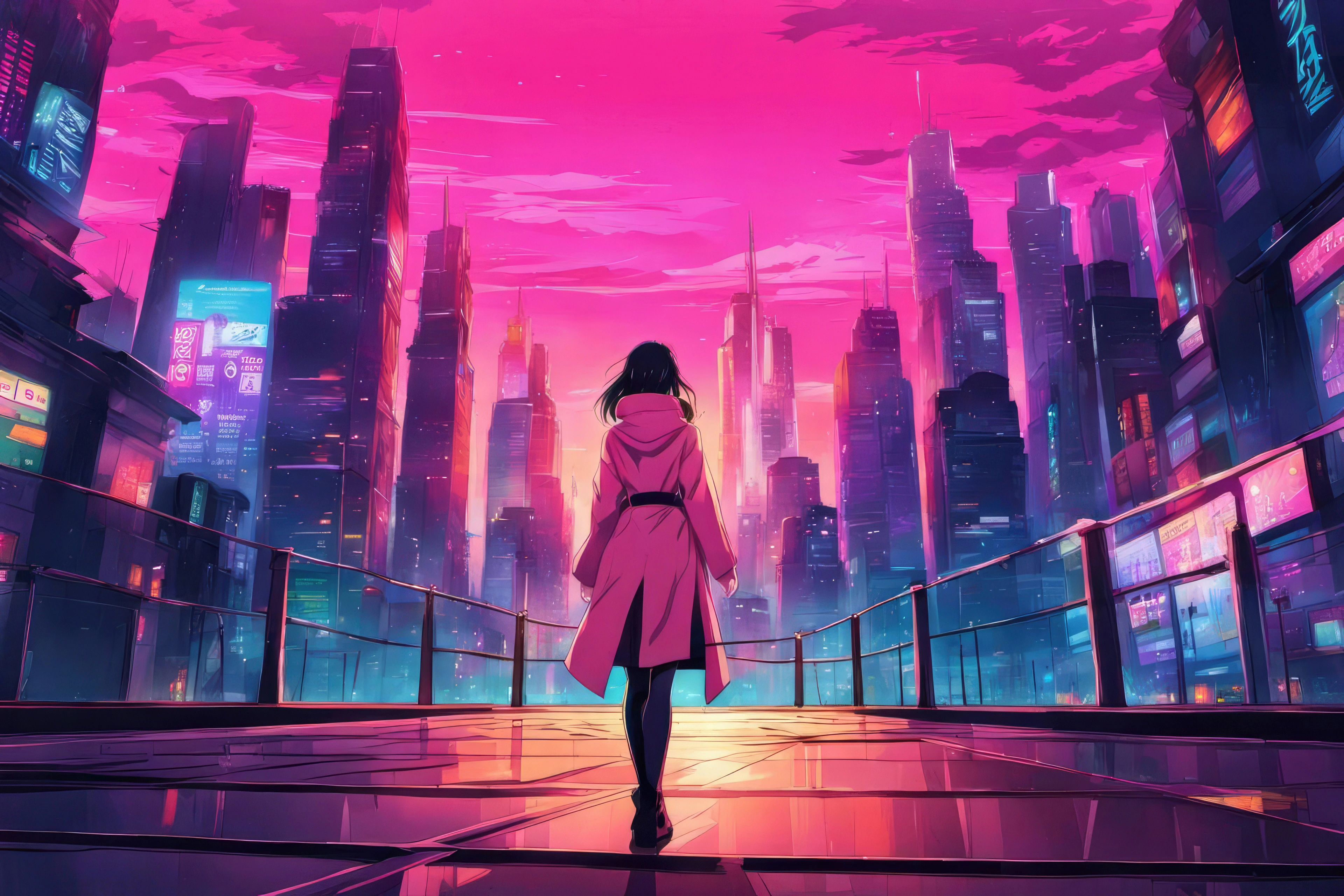 women in pink long coat standing in cyberpunk city 4k pr.jpg